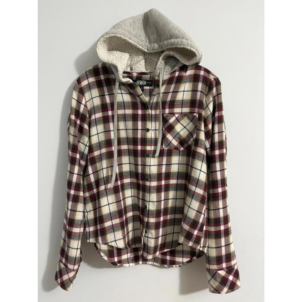 Rewash Womens Hooded Flannel Shirt Plaid Button Up Lightweight Sherpa